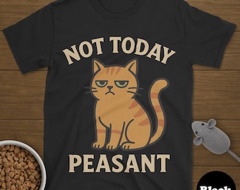 May include: Black t-shirt with a cartoon cat illustration and the text "NOT TODAY PEASANT". The cat is orange with brown stripes and an annoyed expression. A bowl of cat food and a toy mouse are also visible.