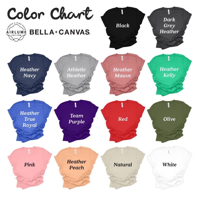 K&ouml;nnte beinhalten: Farbkarte mit 14 verschiedenen T-Shirt-Farben von Bella + Canvas. Die Farben umfassen Schwarz, Dunkelgrau meliert, Marineblau meliert, Athletik meliert, Mauve meliert, Kelly meliert, Royalblau meliert, Team Lila, Rot, Oliv, Rosa, Pfirsich meliert, Natur und Wei&szlig;.