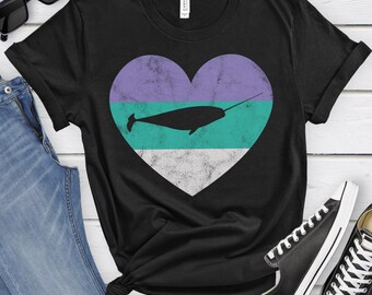 Narwhal Shirt for Women and Girls, Cute Narwhal T-Shirt, Retro Vintage Narwhal Shirts, I Heart Narwhals, Gift for Narwhal Lover
