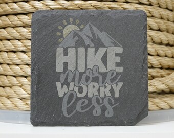Hike More Worry Less Engraved Slate Stone Coaster