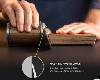 Professional Rolling Knife Sharpener with Magnetic Base - Sharpens at 2 Angles 15 & 20 degrees - Hardwood with Diamond Disc