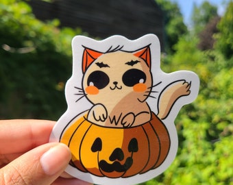 Halloween Pumpkin Cat Vinyl Sticker - Spooky Decal for Laptops, Water Bottles, and More - Adorable Cat in Pumpkin Design for Festive Fun
