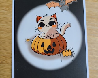 Cat In a Pumpkin Halloween Art Print 5x7in