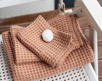 Waffle linen towel set in Toasted Peach: body, hand & face waffle towels. Linen bath towels