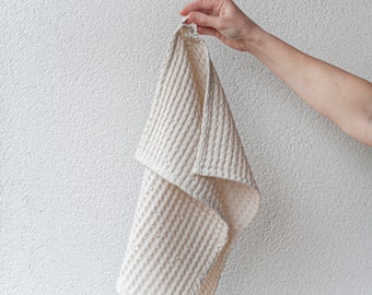 Waffle linen face towel in Oatmeal. Linen-cotton blend waffle washcloth. Absorbent & high quality towel