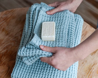 Waffle linen towel set in Sky Blue: body, hand & face waffle towels. Linen bath towels