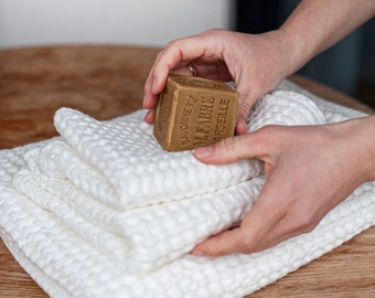 Waffle linen towel set in Creamy White: body, hand & face waffle towels. Linen bath towels