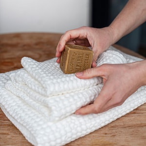 Waffle linen towel set in Creamy White: body, hand & face waffle towels. Linen bath towels