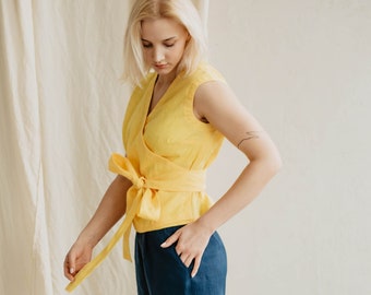 Women's linen top SMILTĖ. Linen wrap top in Sunshine Yellow. Summer wrap linen top. Short sleeve linen top