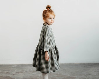 Girls linen dress MEDEINA. Kids linen dress in gingham