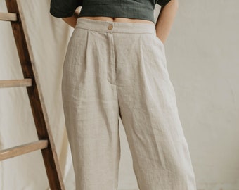 Pantalon femme en lin VILT. Pantalon en lin élégant pour femme. Pantalon en lin de coupe droite et élégante avec une fermeture éclair en lin naturel