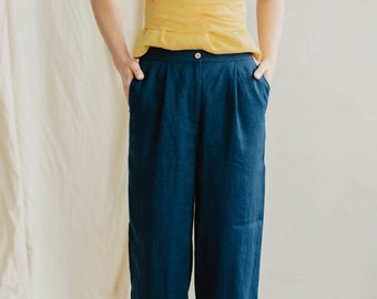 Women&#39;s linen pants VILTĖ. Classy linen trousers for women. Straight and smart cut linen pants with a zipper in Dark Blue