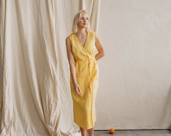 Women's linen dress SALOMĖJA. Classy sleeveless wrap dress. Mid-length linen dress in Sunshine Yellow. Vintage inspired linen dress.