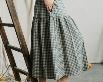 Women's linen skirt VAKARĖ. Long linen skirt for women in Green gingham. Elegant skirt for women