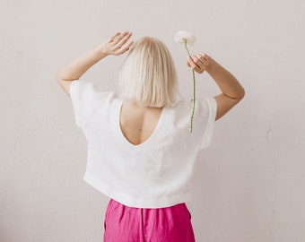 Women's linen top VYTĖ. Linen crop top in Creamy White. Summer linen top. Open back linen top