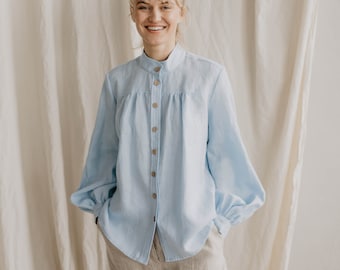 Women's linen shirt INDRAJA. Vintage inspired linen shirt in Sky Blue. Elegant linen shirt with ruffled balloon sleeves.