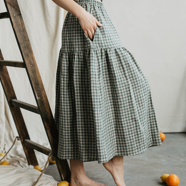 Women's linen skirt VAKARĖ. Long linen skirt for women in Green gingham. Elegant skirt for women