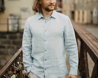 Classic men's linen shirt NAGLIS. Linen shirt for men. Men's linen summer shirt. Blue shirt for men