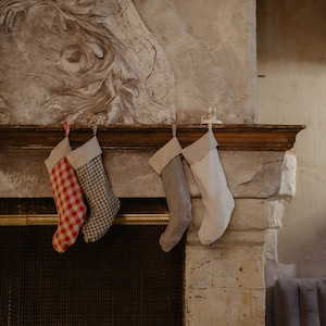 Linen Christmas Stocking with a cuff. Zero-waste. Christmas gift. Christmas stocking in gingham and stripes. Rustic Christmas decoration.