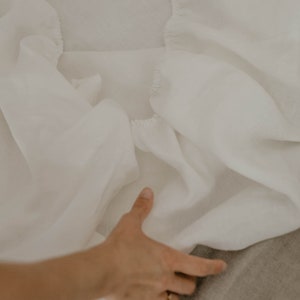 May include: Close-up of a white fitted sheet. The sheet is made of a soft, textured fabric and has elastic edges. The sheet is being held by a hand.