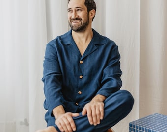Mens linen pajama set PERKŪNAS. Linen Christmas pyjamas for men. Mens linen PJ in deep blue. Mens linen pants ant shirt pajama set