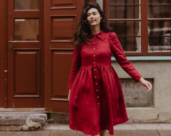 Women's linen dress GUŽĖ mama. Vintage inspired linen dress with wooden buttons. Long linen dress in Berry red