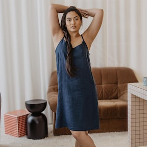 Women&#39;s linen night dress NAKTIS in deep blue. Linen pyjamas for women. Women&#39;s linen nightwear. Women&#39;s linen sleep dress