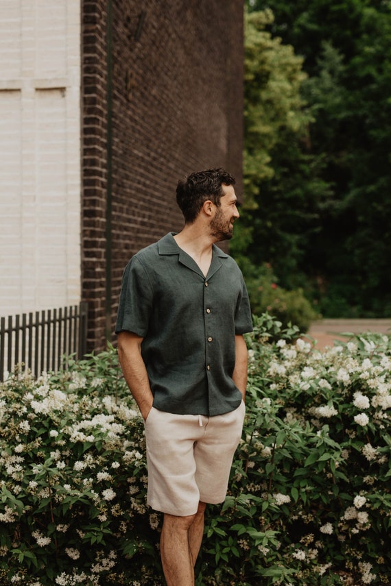 Men's Linen Shirt PILNAS. Short Sleeve Linen Shirt for Men. Men's Linen Summer Shirt. Oversized Shirt for Men. Green Shirt Men.