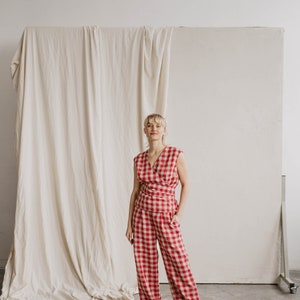 Women's linen pants VILTĖ. Classy linen trousers for women. Straight and smart cut linen pants with a zipper in Red gingham image 4