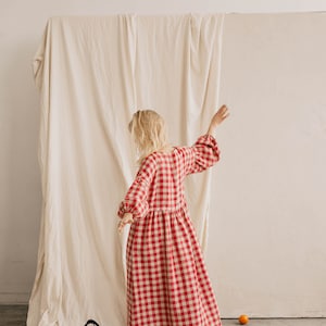 Women's linen dress RUGILĖ. Vintage inspired linen dress with puff sleeves. Long linen dress in dark Red gingham. Oversized linen dress image 8