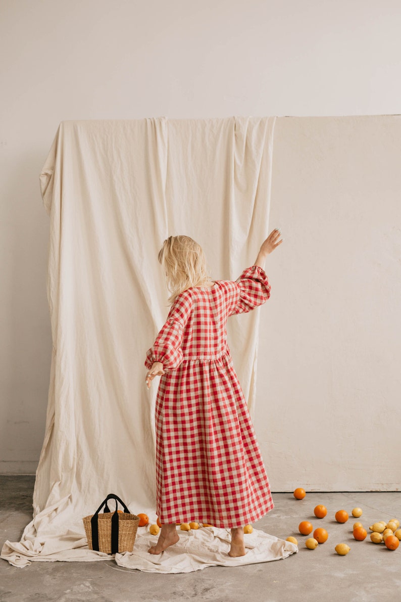 Women's linen dress RUGILĖ. Vintage inspired linen dress with puff sleeves. Long linen dress in dark Red gingham. Oversized linen dress image 8