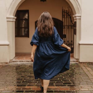 Women&#39;s linen dress RUGILĖ. Vintage inspired linen dress with puff sleeves. Long linen dress in Deep Blue. Oversized linen dress