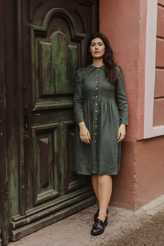 vintage inspired linen dress Women's Linen Dress GUŽĖ Mama. Vintage Inspired Linen Dress With Wooden  Buttons. Long Linen Dress in Deep Blue