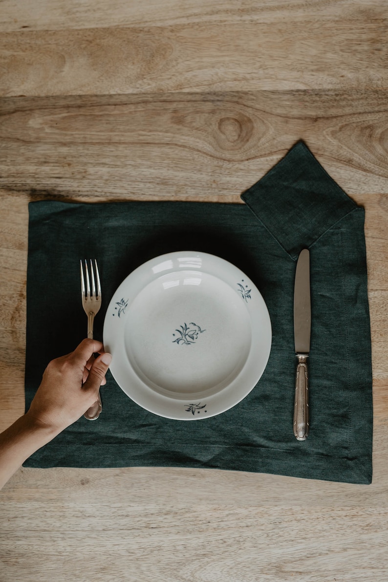 Linen placemat set. Pre-washed and softened linen placemats Forest Green