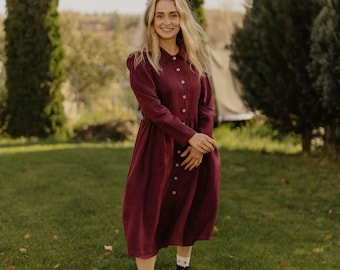 Moon Plum Linen Dress: Long Sleeve Vintage Inspired Dress Gužė