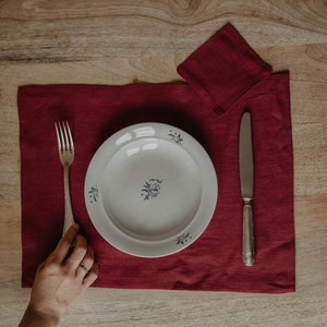 Linen placemat set. Pre-washed and softened linen placemats Berry Red