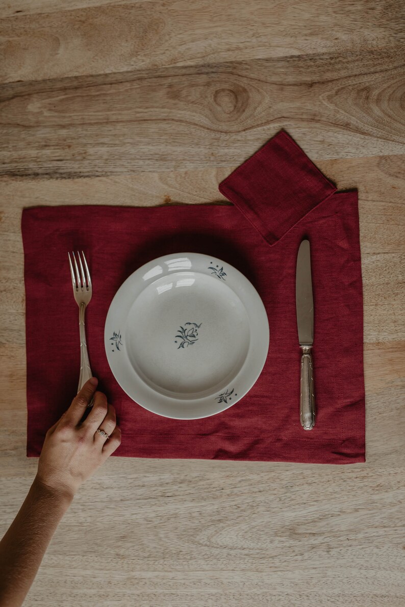 Linen placemat set. Pre-washed and softened linen placemats Berry Red