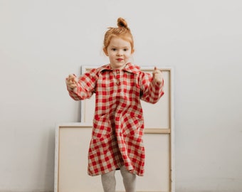 Girls linen dress GABIJA. Kids linen dress in checks