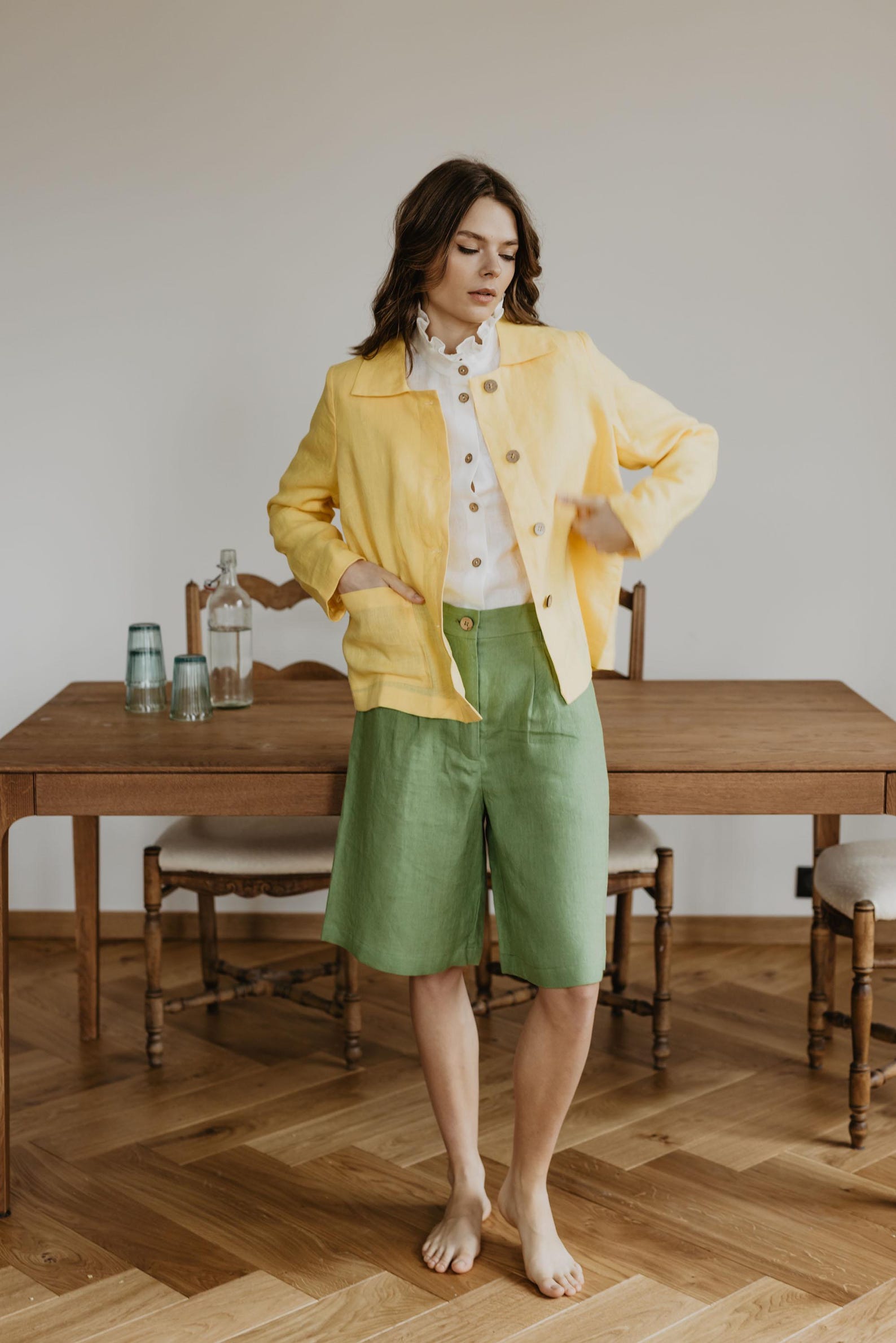 Sunshine Yellow Linen Jacket: Women's Elegant Coat with Pockets