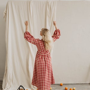 Women's linen dress RUGILĖ. Vintage inspired linen dress with puff sleeves. Long linen dress in dark Red gingham. Oversized linen dress image 6