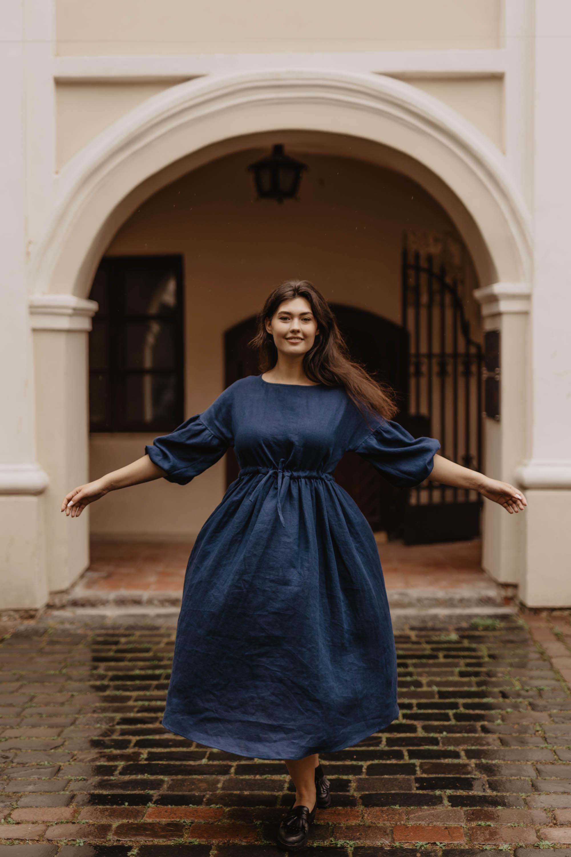 aline linen dress Maxi Linen A-Line Dress with Tie Waist, White Linen Dress, Women Maxi Dress, Wrap Dress Kaftan, Summer Dress, Romantic Linen Clothing, L / Blue Green main image 1