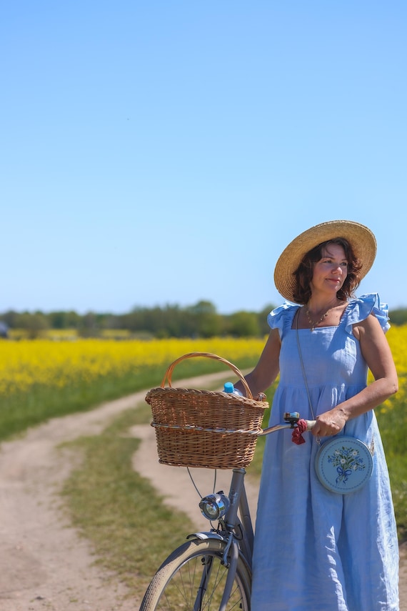 Women's linen dress ONA. Vintage inspired linen dress with ruffles. Long linen dress in Sky Blue.