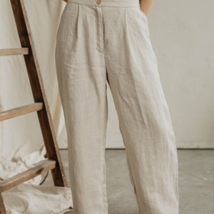 Women's linen pants VILTĖ. Classy linen trousers for women. Straight and smart cut linen pants with a zipper in Red gingham image 6