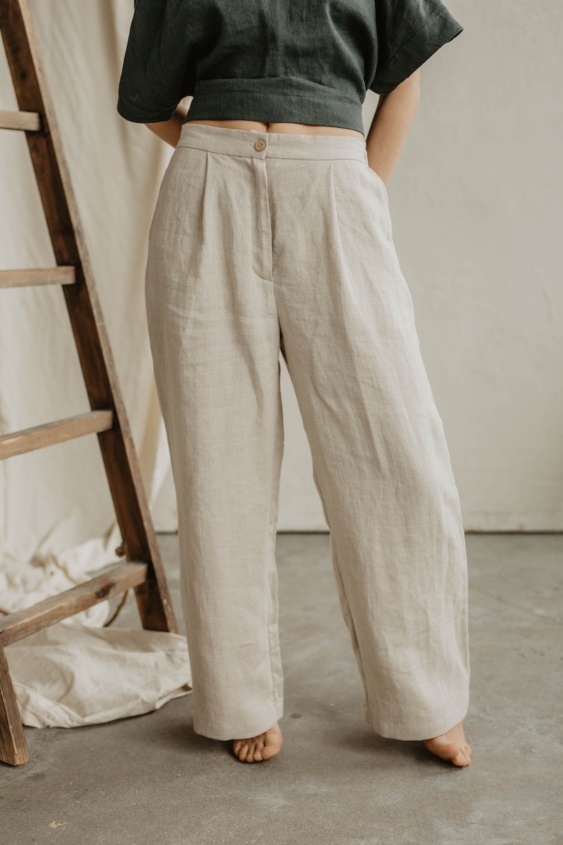 Women's linen pants VILTĖ. Classy linen trousers for women. Straight and smart cut linen pants with a zipper in Red gingham image 6