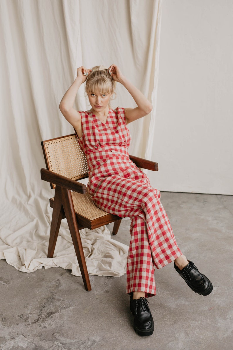 Women's linen pants VILTĖ. Classy linen trousers for women. Straight and smart cut linen pants with a zipper in Red gingham image 1