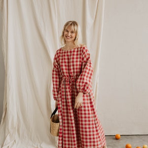 Women's linen dress RUGILĖ. Vintage inspired linen dress with puff sleeves. Long linen dress in dark Red gingham. Oversized linen dress Red Checks