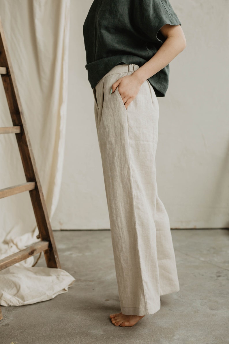 Women's linen pants VILTĖ. Classy linen trousers for women. Straight and smart cut linen pants with a zipper in Red gingham image 7