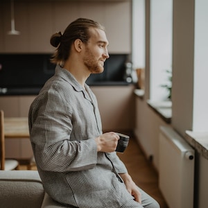 Mens linen pajama set PERKŪNAS. Linen pyjamas for men. Mens linen PJ. Mens linen pants ant shirt pajama set Blue Checks