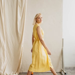 Women&#39;s linen dress SALOMĖJA. Classy sleeveless wrap dress. Mid-length linen dress in Sunshine Yellow. Vintage inspired linen dress.
