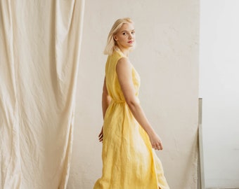 Women's linen dress SALOMĖJA. Classy sleeveless wrap dress. Mid-length linen dress in Sunshine Yellow. Vintage inspired linen dress.